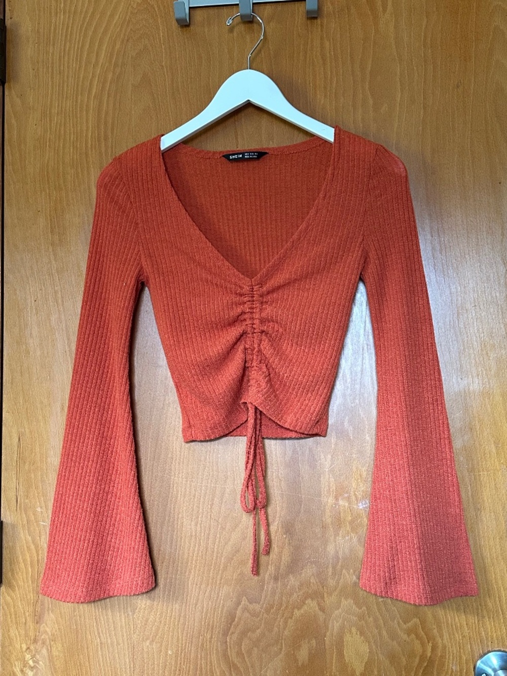 SHEIN Burnt Orange Ruched Bell Sleeve Crop Top Size S